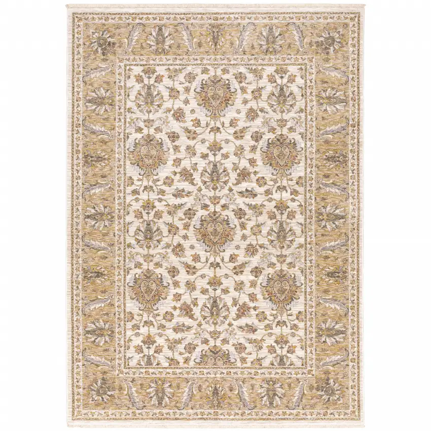 Ivory And Gold Oriental Power Loom Stain Resistant Area Rug With Fringe Photo 1
