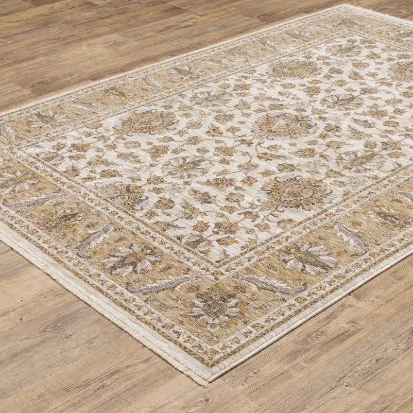 Ivory And Gold Oriental Power Loom Stain Resistant Area Rug With Fringe Photo 6