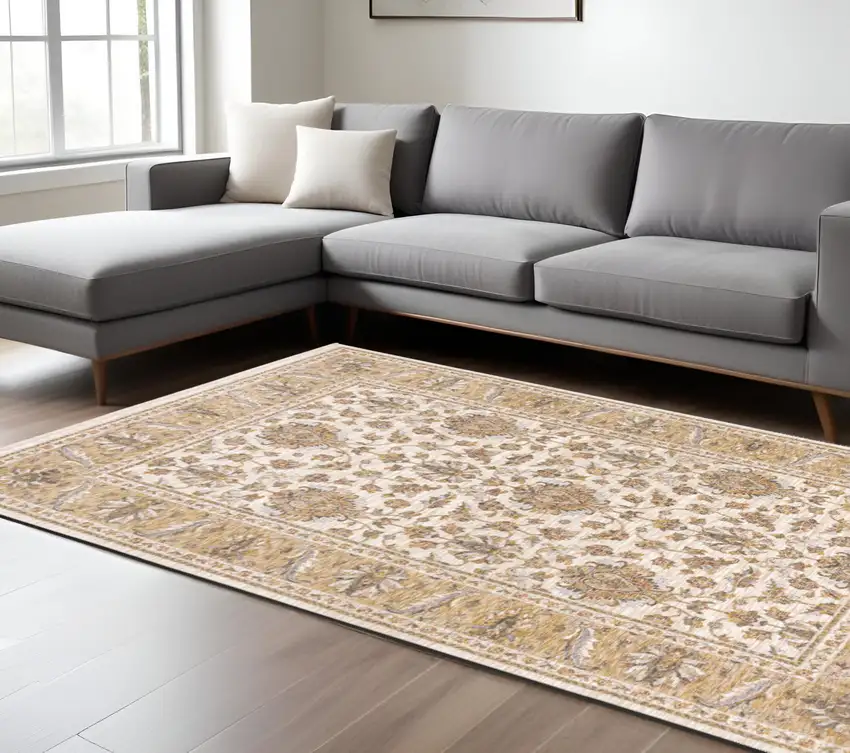 Ivory And Gold Oriental Area Rug With Fringe Photo 1