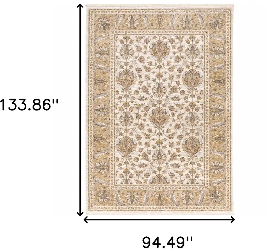 Ivory And Gold Oriental Area Rug With Fringe Photo 3