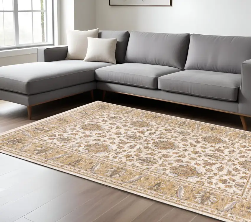 Ivory And Gold Oriental Power Loom Stain Resistant Area Rug With Fringe Photo 1