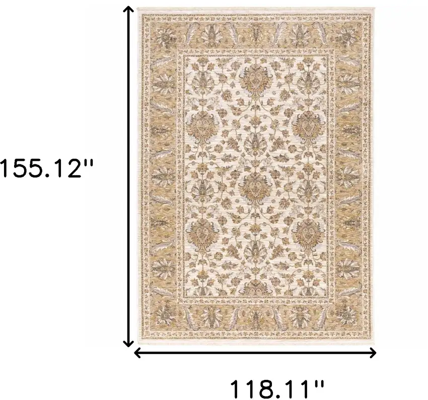 Ivory And Gold Oriental Power Loom Stain Resistant Area Rug With Fringe Photo 3