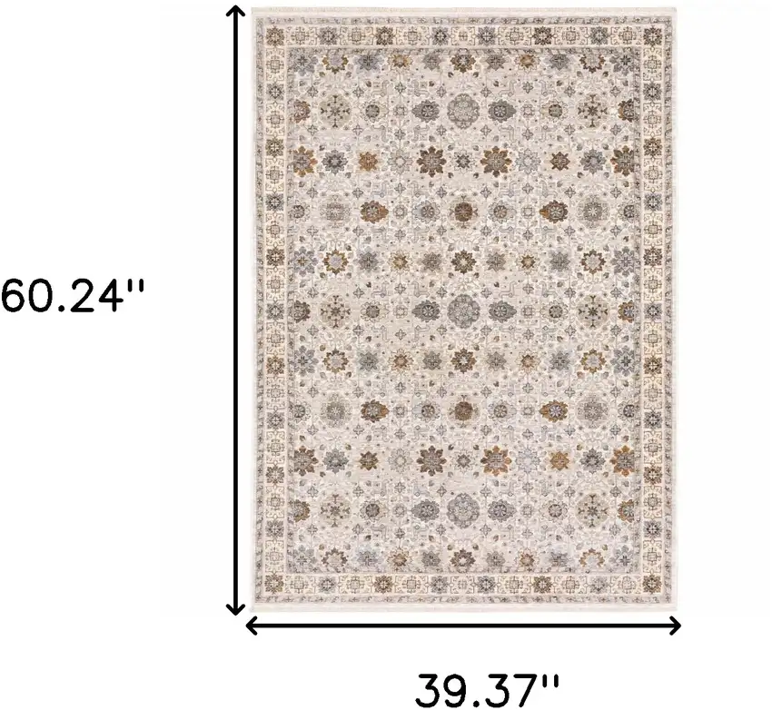 Ivory And Gold Oriental Power Loom Stain Resistant Area Rug With Fringe Photo 3