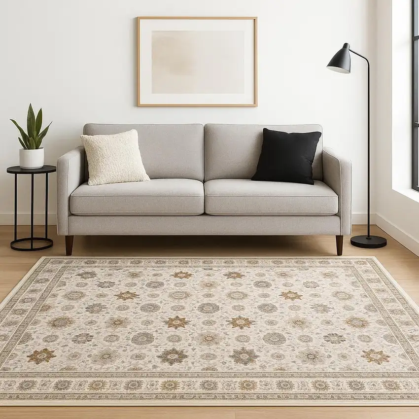 Ivory And Gold Oriental Power Loom Stain Resistant Area Rug With Fringe Photo 1
