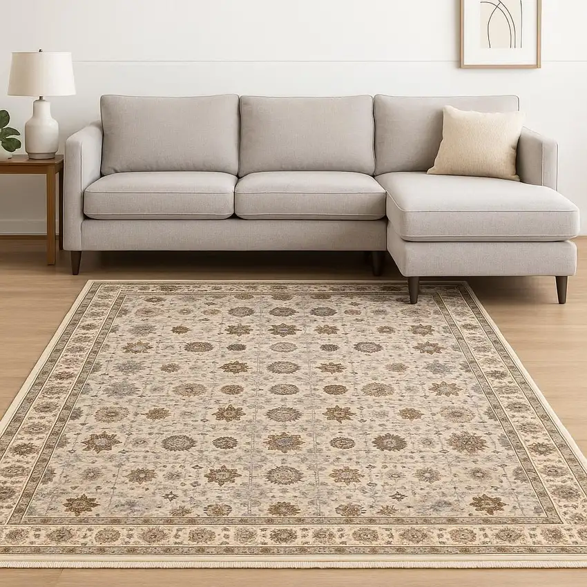 6' X 9' Ivory And Gold Oriental Power Loom Stain Resistant Area Rug With Fringe Photo 2