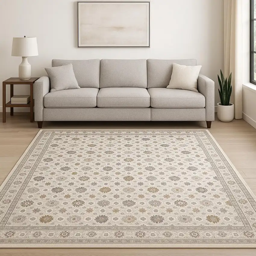 Ivory And Gold Oriental Power Loom Stain Resistant Area Rug With Fringe Photo 1