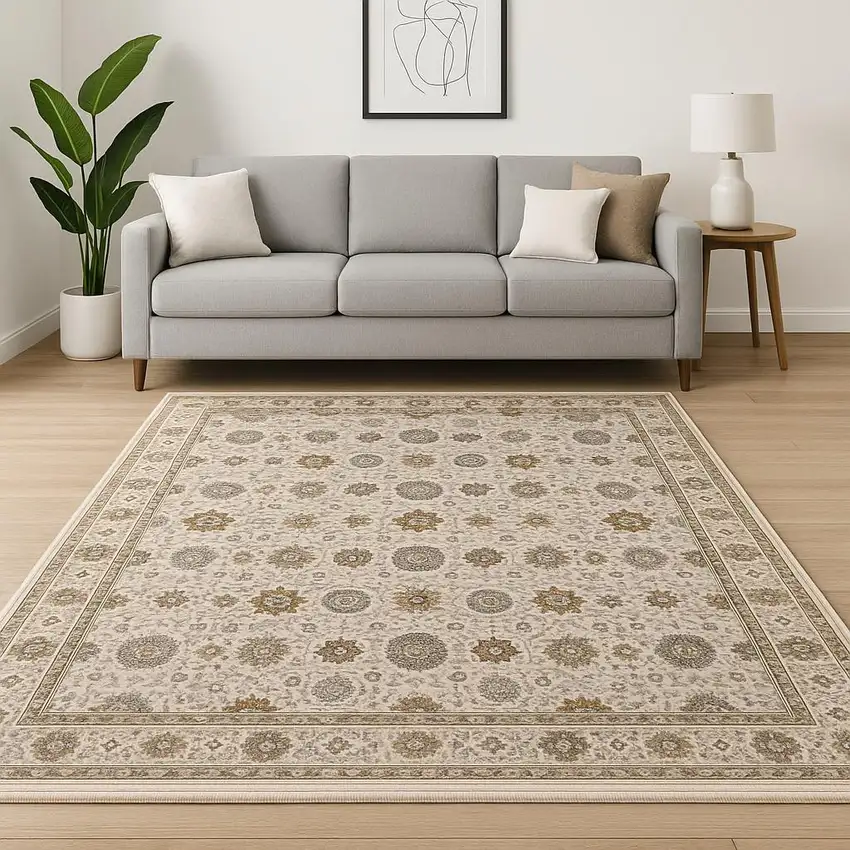 Ivory And Gold Oriental Power Loom Stain Resistant Area Rug With Fringe Photo 1