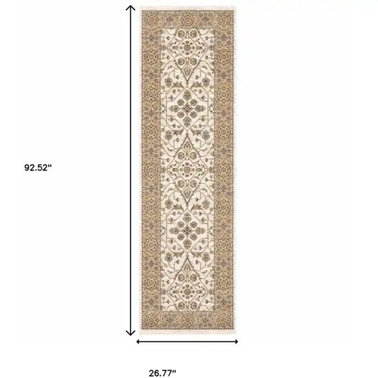 2' X 8' Ivory And Gold Oriental Power Loom Stain Resistant Runner Rug With Fringe Photo 3