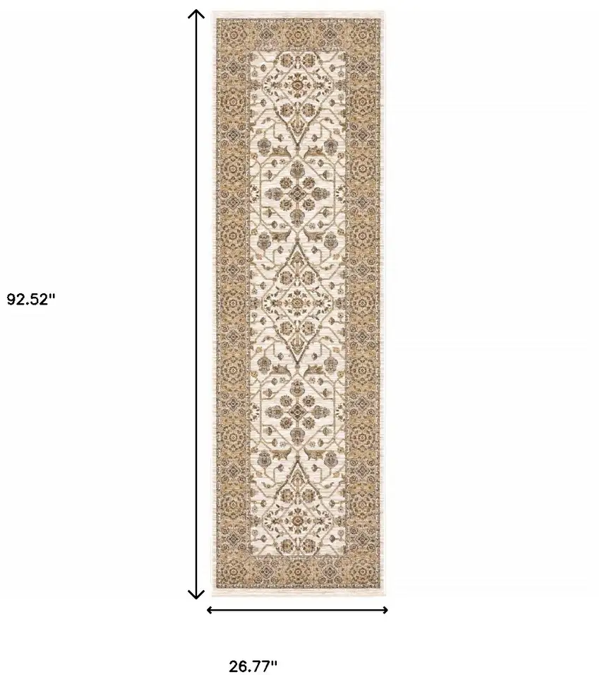 2' X 8' Ivory And Gold Oriental Power Loom Stain Resistant Runner Rug With Fringe Photo 3