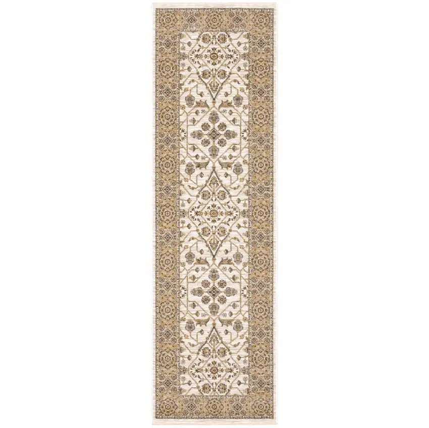 Ivory And Gold Oriental Power Loom Stain Resistant Runner Rug With Fringe Photo 1