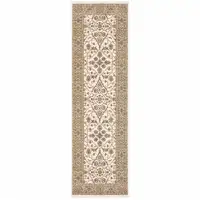 Photo of Ivory And Gold Oriental Power Loom Stain Resistant Runner Rug With Fringe