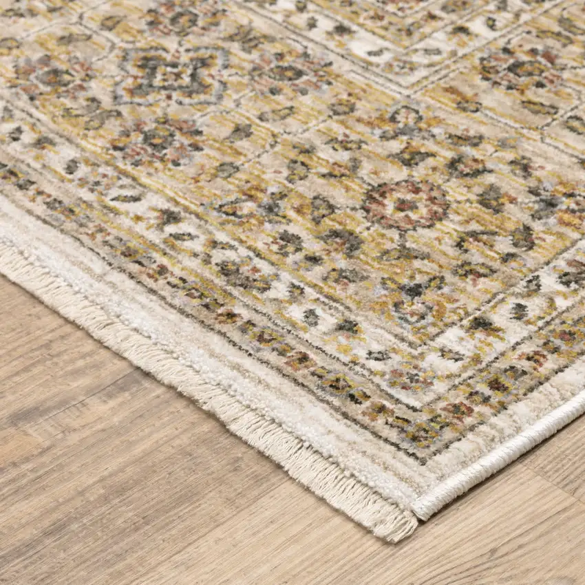 Ivory And Gold Oriental Power Loom Stain Resistant Runner Rug With Fringe Photo 5