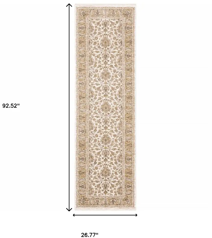 Ivory And Gold Oriental Power Loom Stain Resistant Runner Rug With Fringe Photo 10