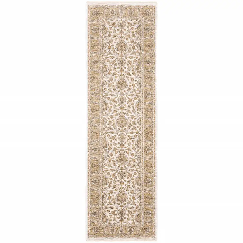 Ivory And Gold Oriental Power Loom Stain Resistant Runner Rug With Fringe Photo 1