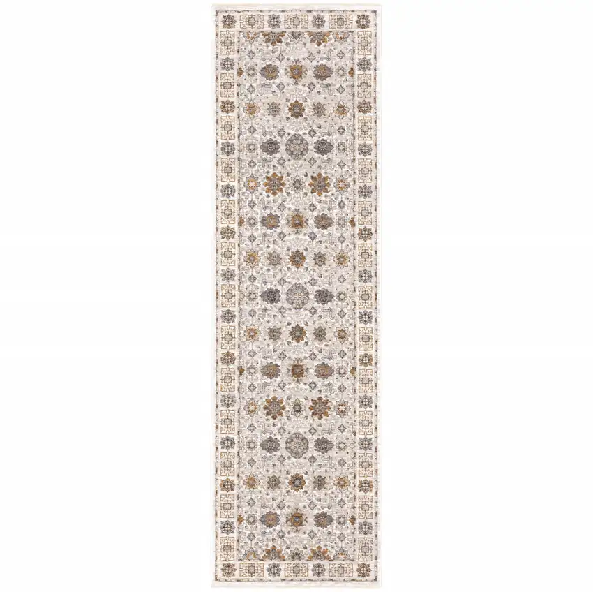 Ivory And Gold Oriental Power Loom Stain Resistant Runner Rug With Fringe Photo 1