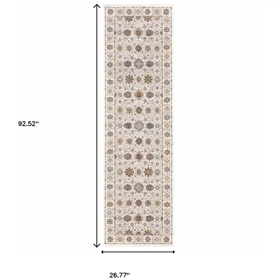2' X 8' Ivory And Gold Oriental Power Loom Stain Resistant Runner Rug With Fringe Photo 3