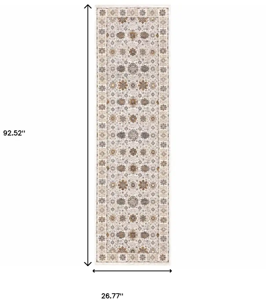 2' X 8' Ivory And Gold Oriental Power Loom Stain Resistant Runner Rug With Fringe Photo 3