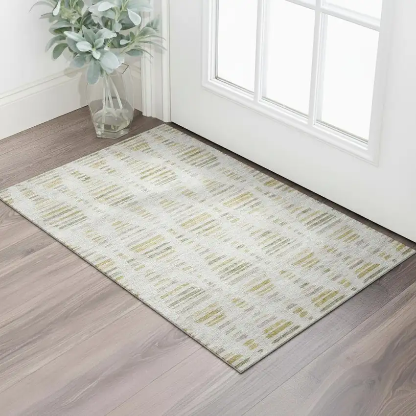 Ivory And Gold Striped Washable Area Rug With UV Protection Photo 2