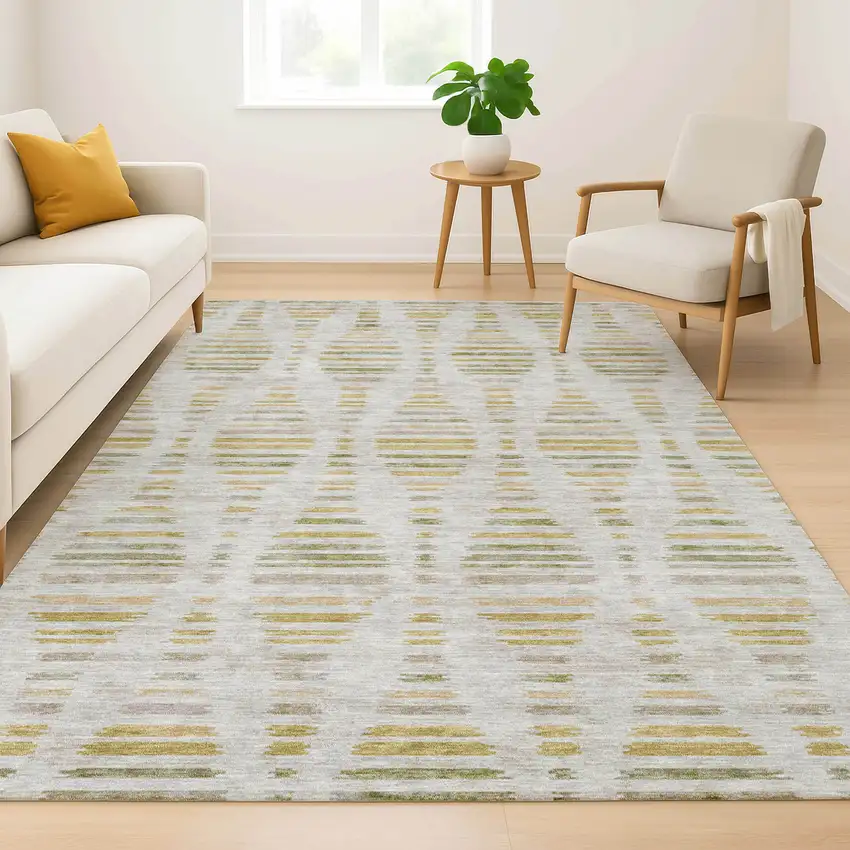 Ivory And Gold Striped Washable Area Rug With UV Protection Photo 6