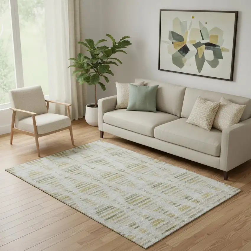 Ivory And Gold Striped Washable Area Rug With UV Protection Photo 2