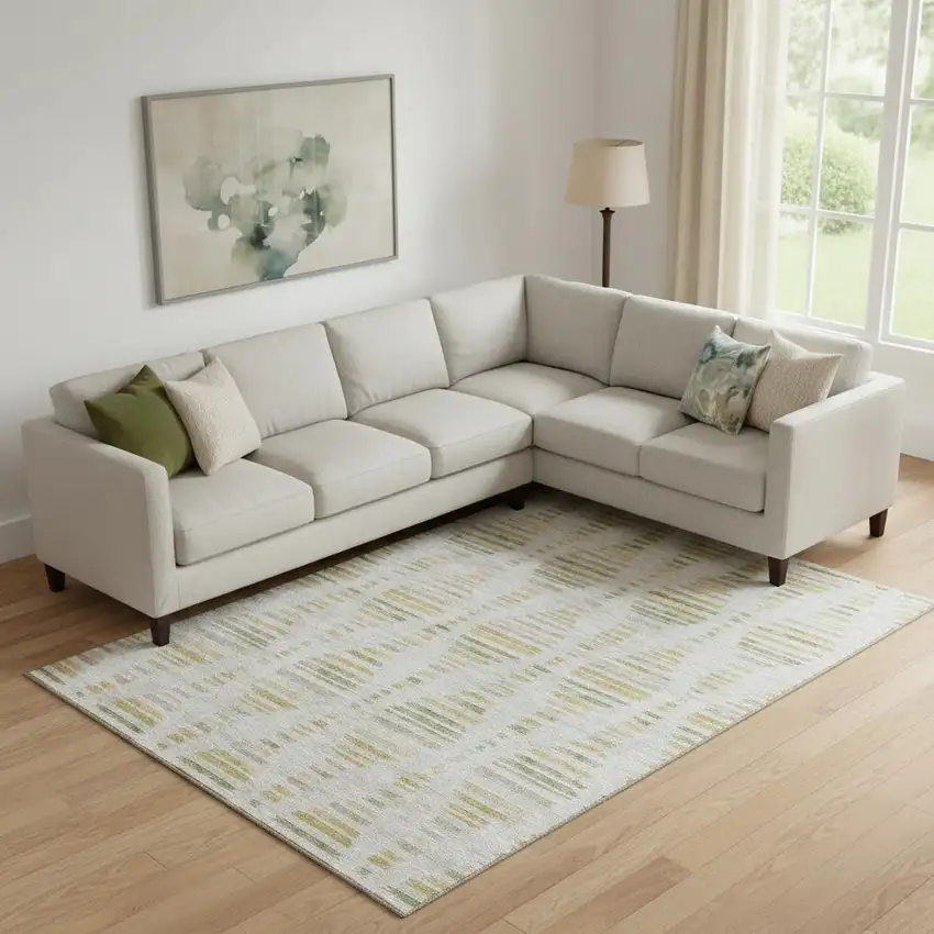 Ivory And Gold Striped Washable Area Rug With UV Protection Photo 2