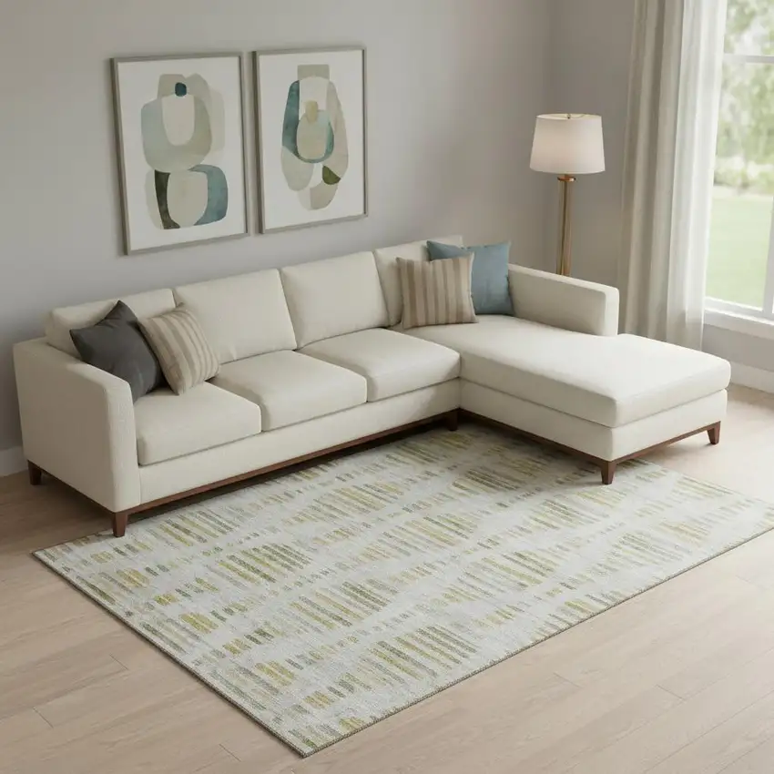 Ivory And Gold Striped Washable Area Rug With UV Protection Photo 2