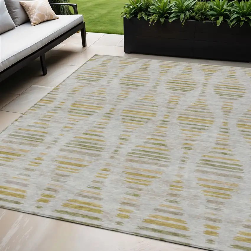 Ivory And Gold Striped Washable Indoor Outdoor Area Rug Photo 2