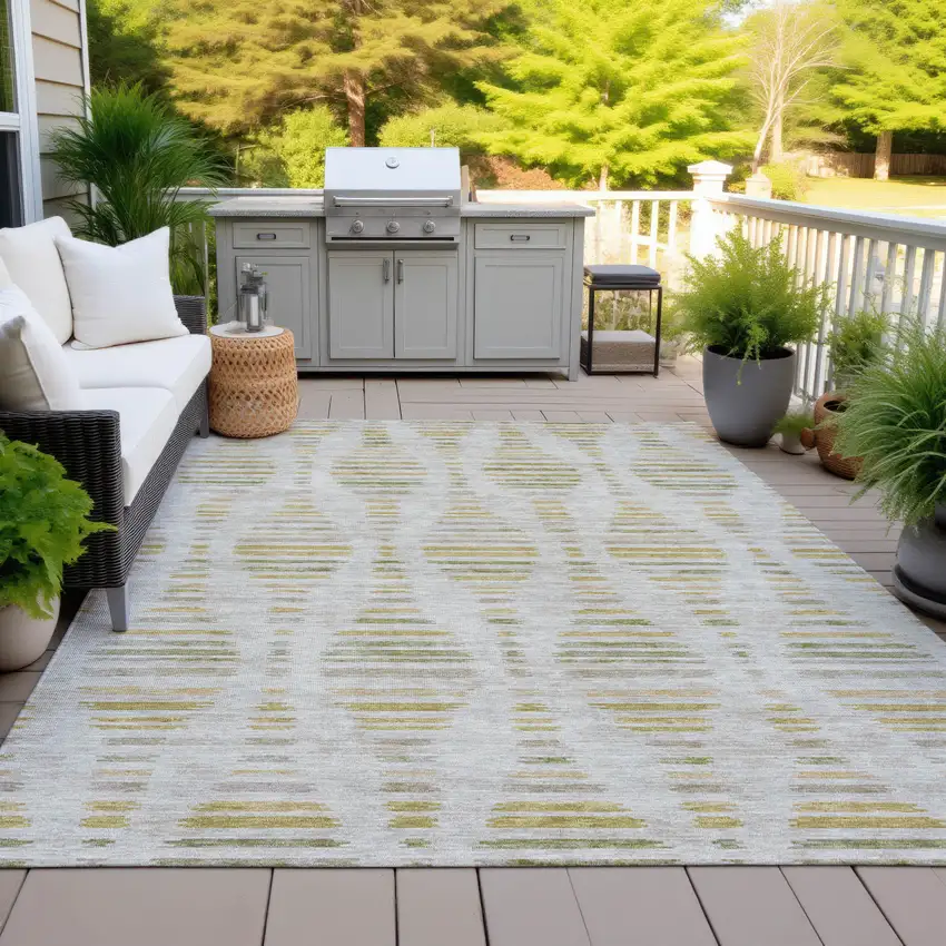 Ivory And Gold Striped Washable Indoor Outdoor Area Rug Photo 6
