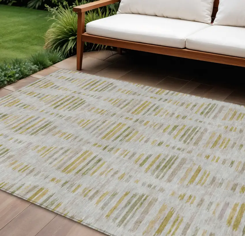 Ivory And Gold Striped Washable Indoor Outdoor Area Rug Photo 2