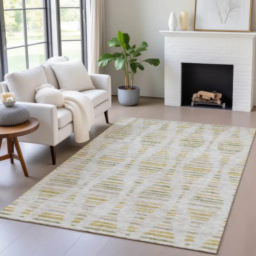 Ivory And Gold Striped Washable Indoor Outdoor Area Rug Photo 7