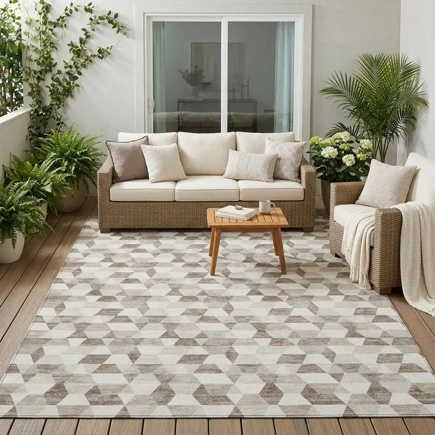Ivory And Graphite Geometric Washable Indoor Outdoor Area Rug Photo 1