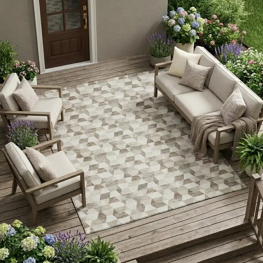 Ivory And Graphite Geometric Washable Indoor Outdoor Area Rug Photo 1