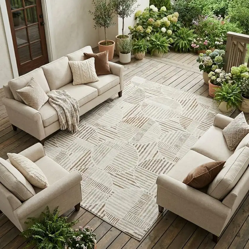 Ivory And Graphite Geometric Washable Indoor Outdoor Area Rug Photo 1