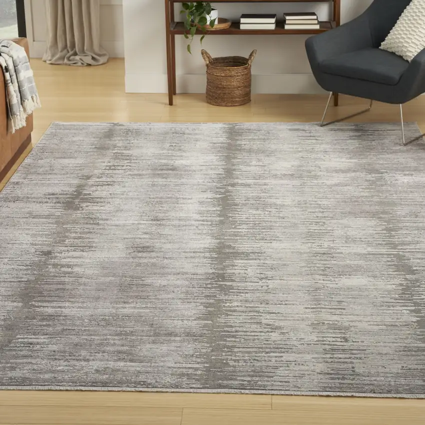 Ivory And Gray Abstract Area Rug With Fringe Photo 5