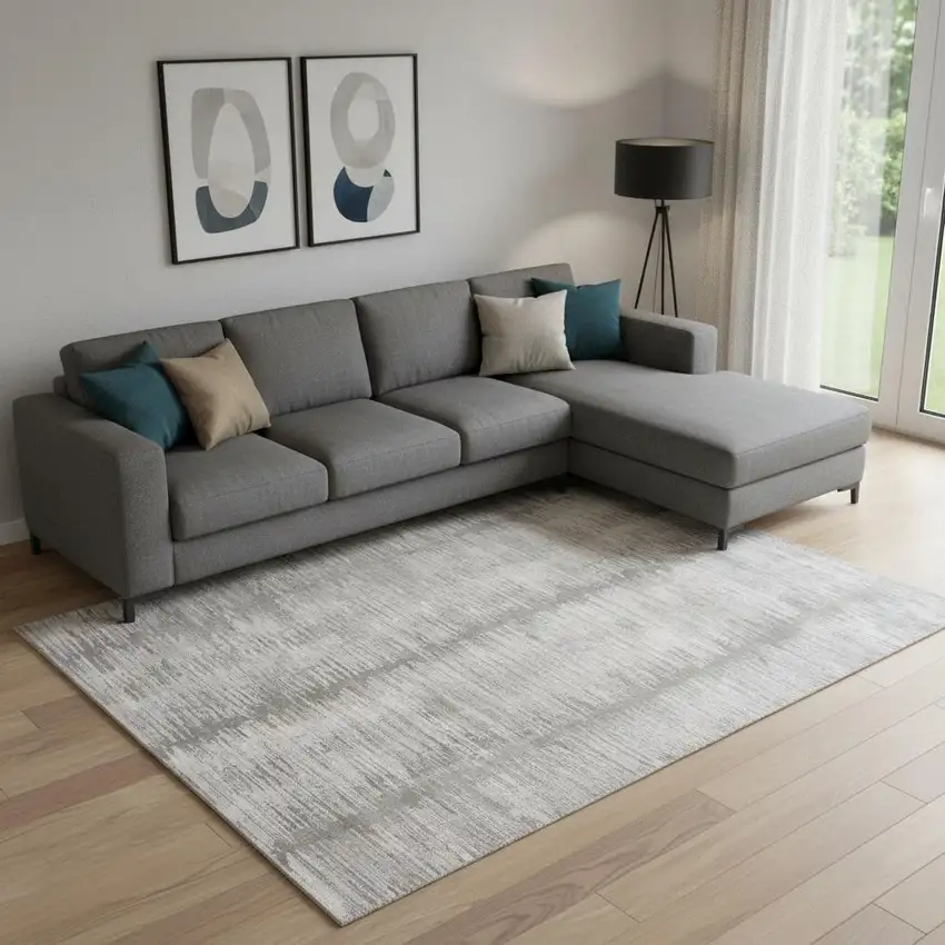 Ivory And Gray Abstract Area Rug With Fringe Photo 1