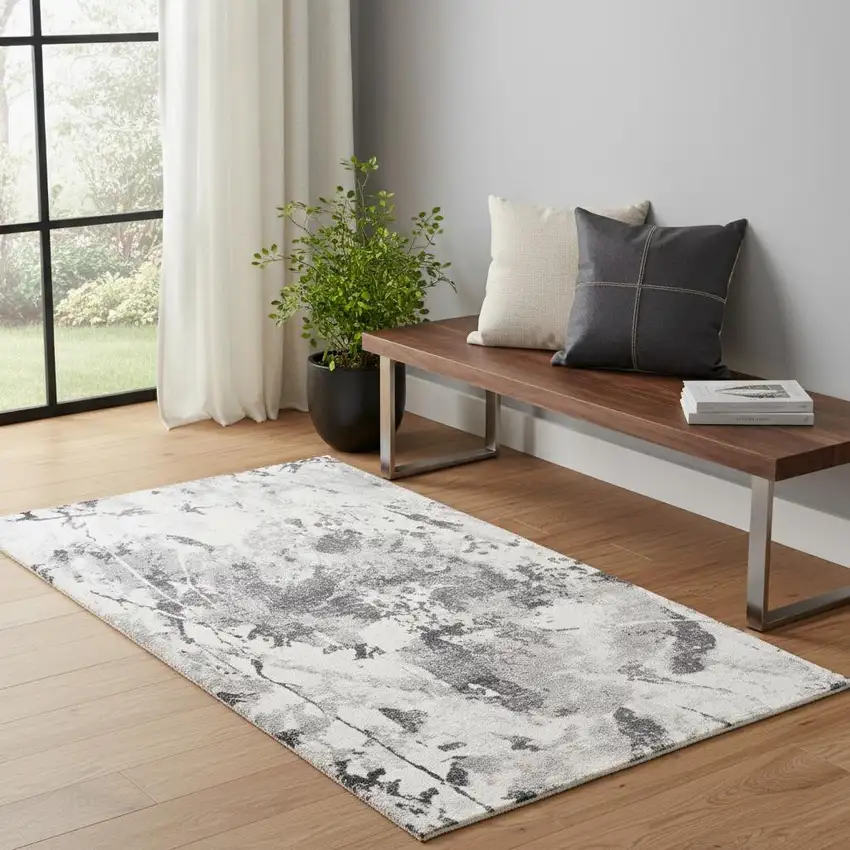 Ivory And Gray Abstract Runner Rug Photo 1