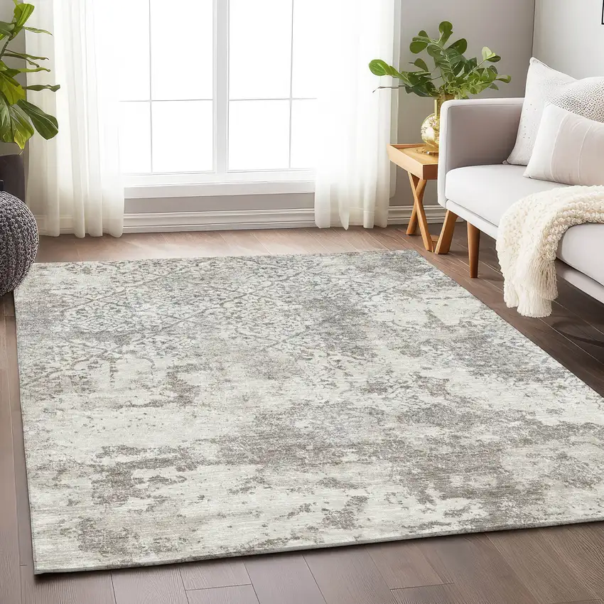 Ivory And Gray Abstract Washable Area Rug With UV Protection Photo 5