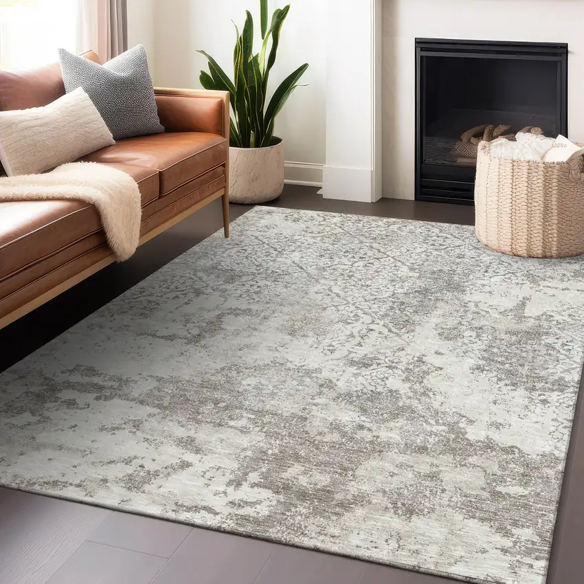 Ivory And Gray Abstract Washable Area Rug With UV Protection Photo 6