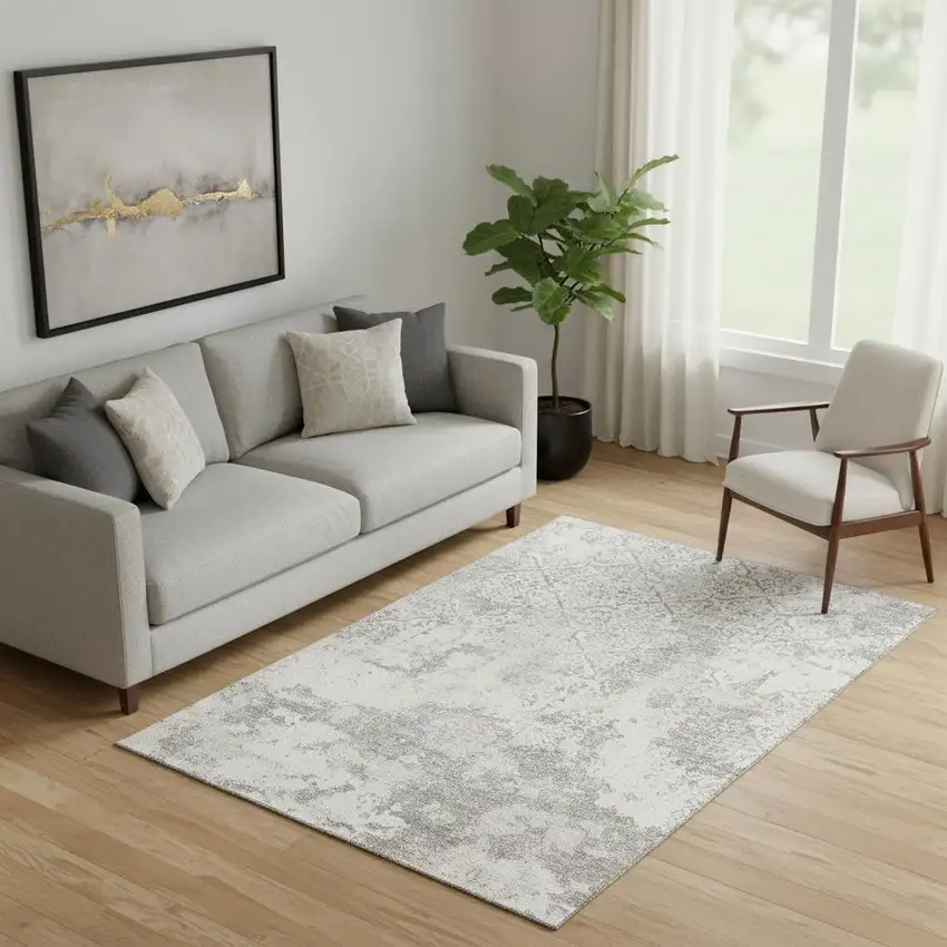 Ivory And Gray Abstract Washable Area Rug With UV Protection Photo 1