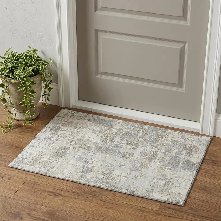 Ivory And Gray Abstract Washable Area Rug With UV Protection Photo 1