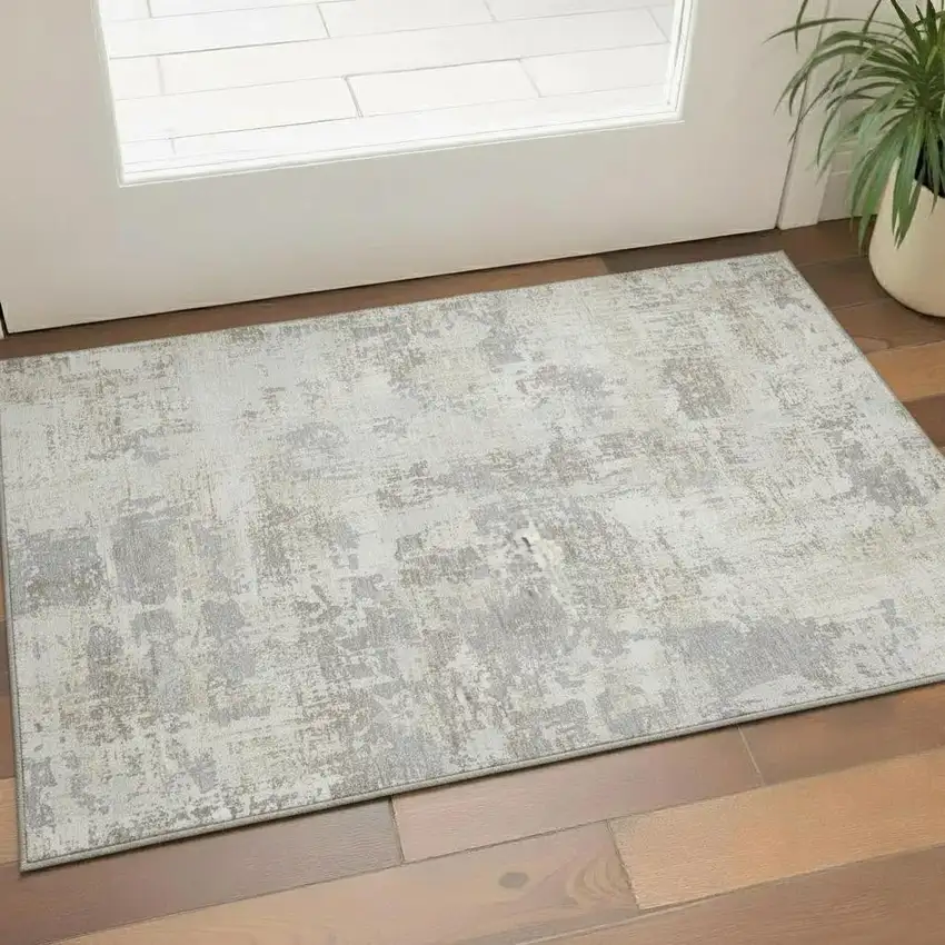 Ivory And Gray Abstract Washable Area Rug With UV Protection Photo 2