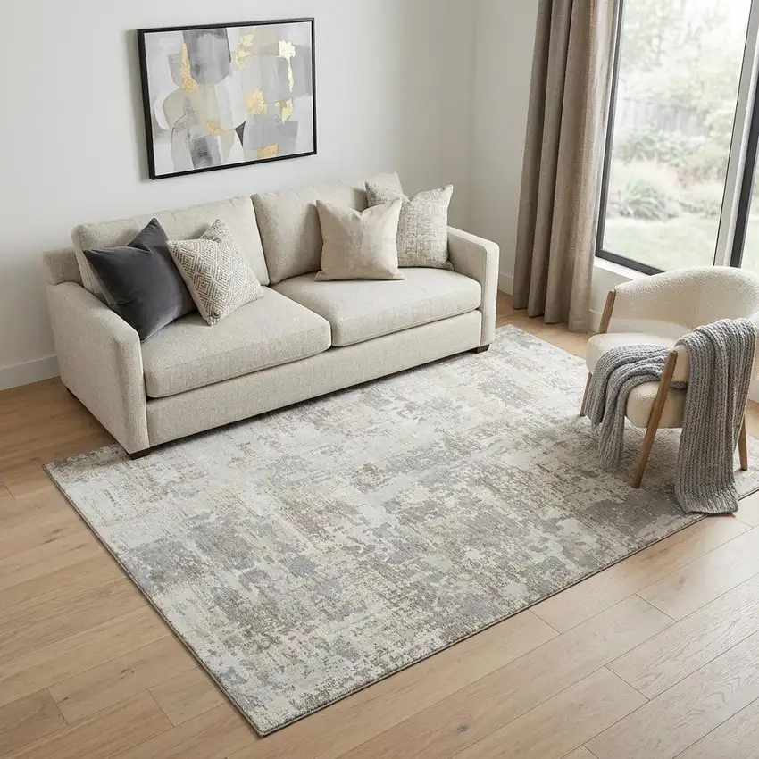 Ivory And Gray Abstract Washable Area Rug With UV Protection Photo 1