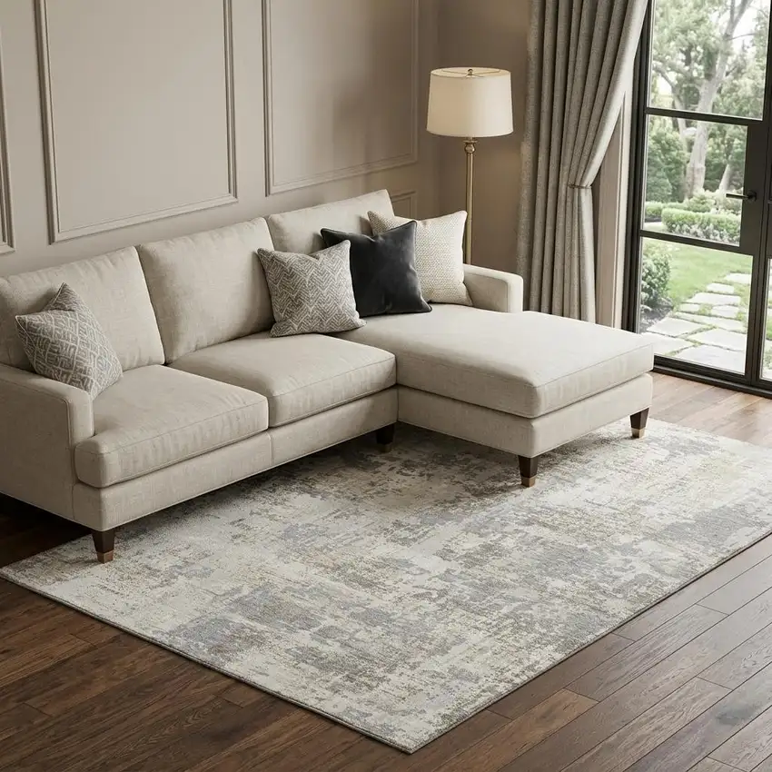 Ivory And Gray Abstract Washable Area Rug With UV Protection Photo 1