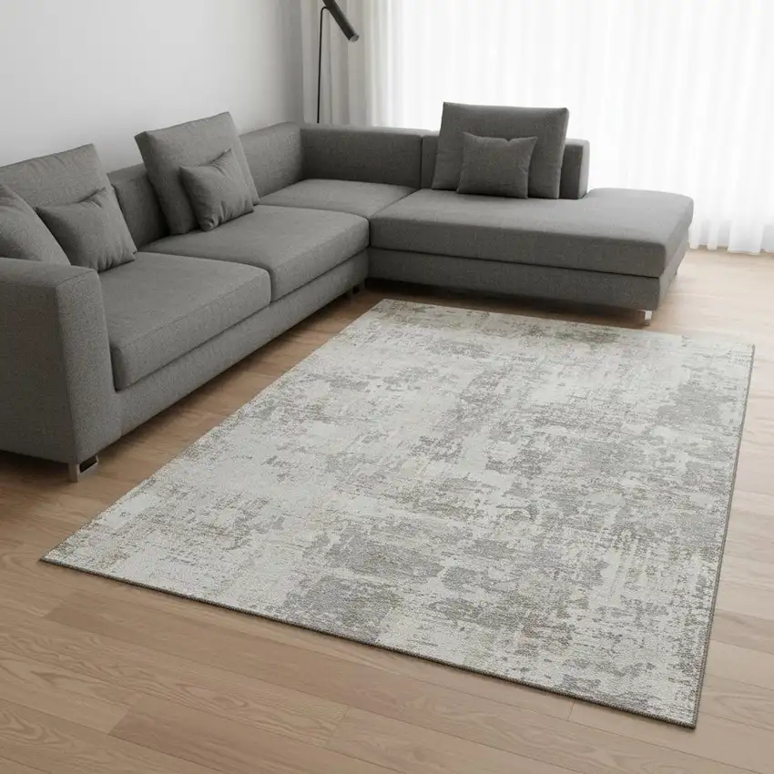 Ivory And Gray Abstract Washable Area Rug With UV Protection Photo 2