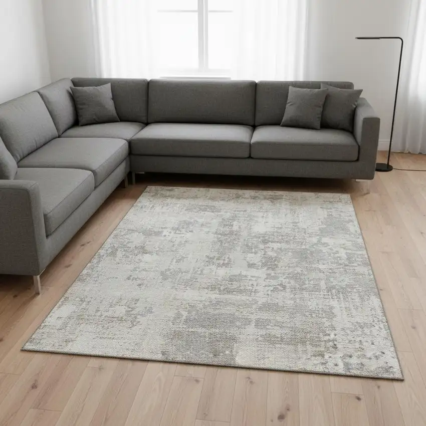 Ivory And Gray Abstract Washable Area Rug With UV Protection Photo 2