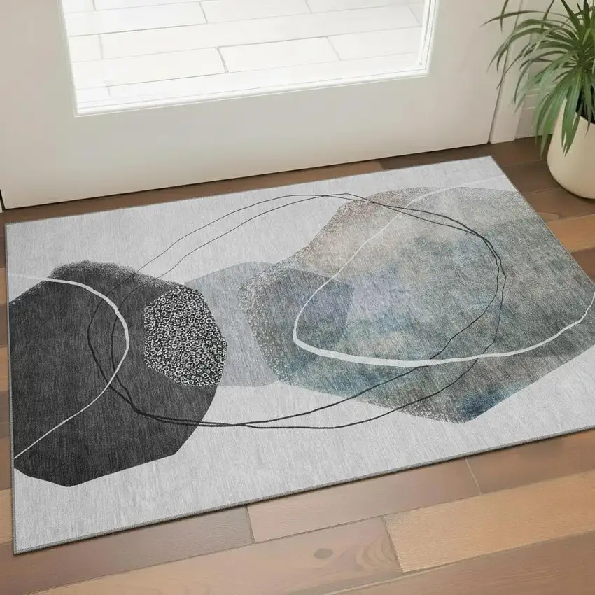 Ivory And Gray Abstract Washable Area Rug With UV Protection Photo 2