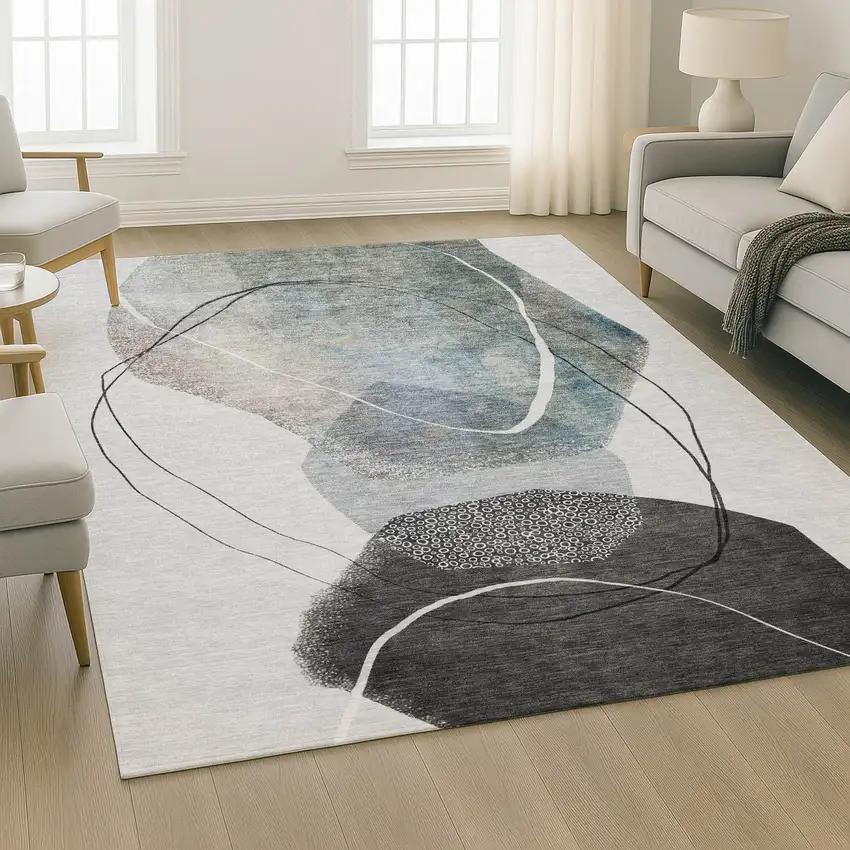 Ivory And Gray Abstract Washable Area Rug With UV Protection Photo 5