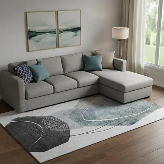 Ivory And Gray Abstract Washable Area Rug With UV Protection Photo 2