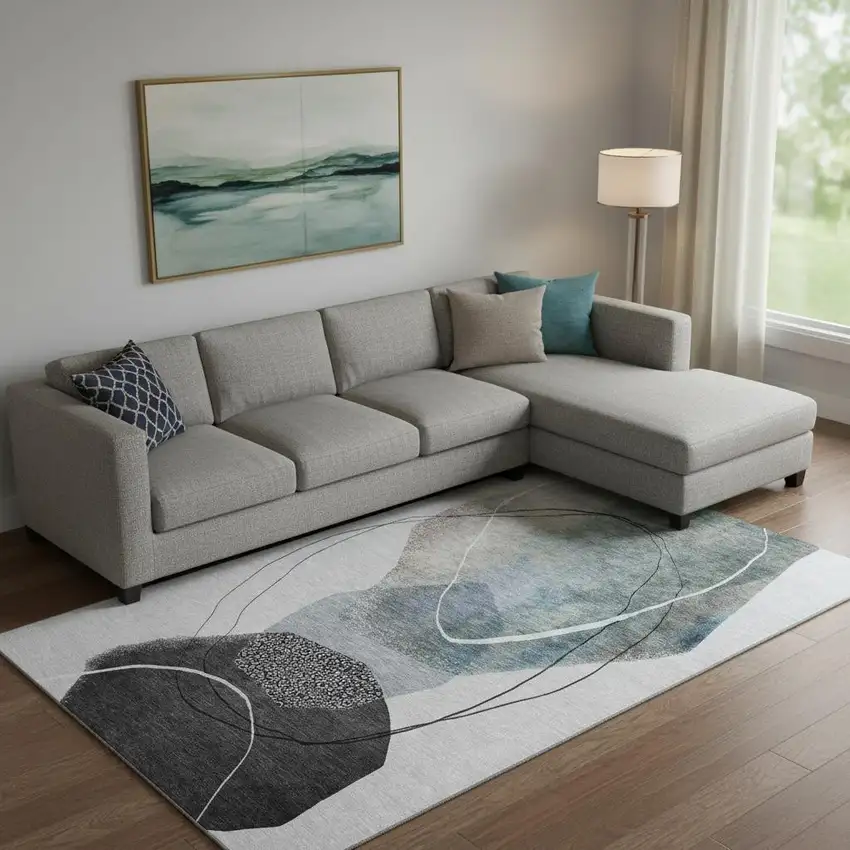 Ivory And Gray Abstract Washable Area Rug With UV Protection Photo 2