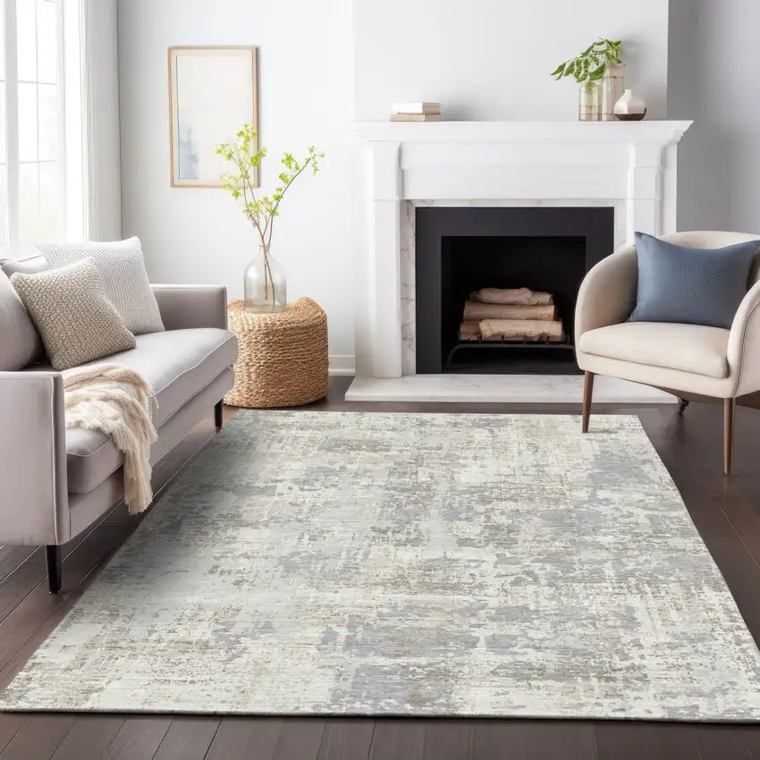 Ivory And Gray Abstract Washable Indoor Outdoor Area Rug Photo 7